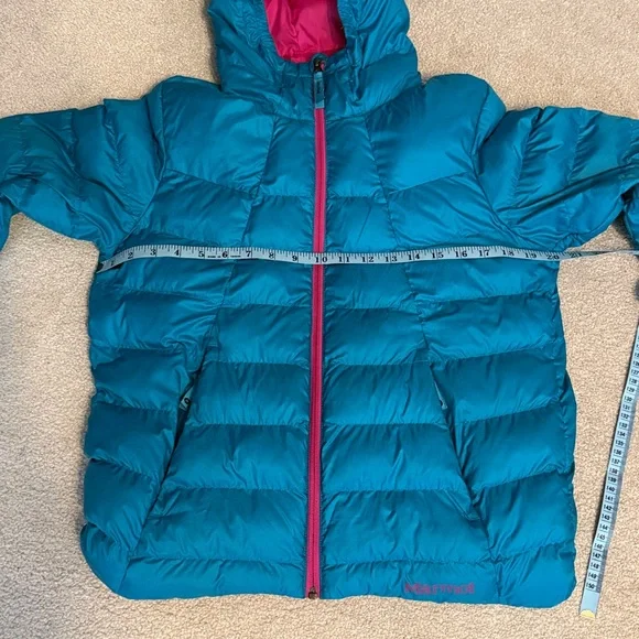Marmot Girls Puffer Hooded Jacket With Pockets Teal/Hot Pink Size XL - Picture 11 of 13